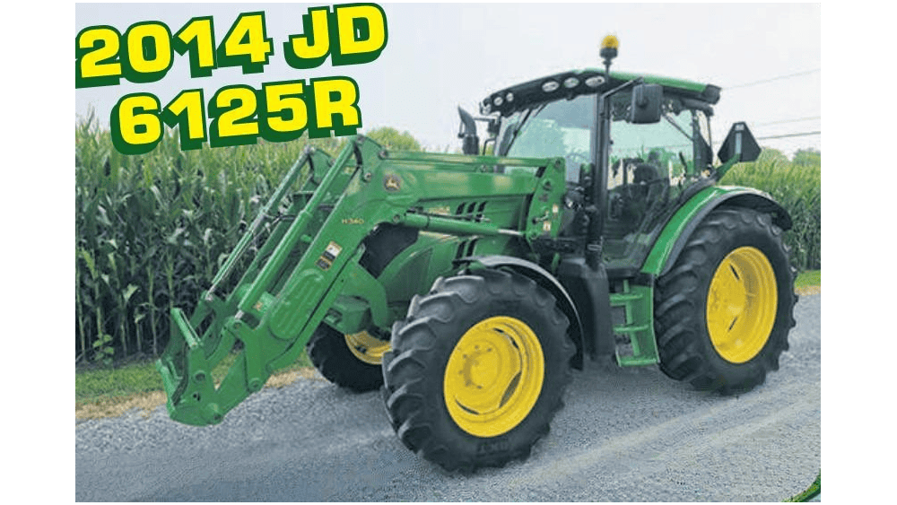 Green John Deere 2014 JD 6125R tractor with front loader attachment, parked on a rural road.
