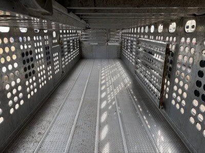 Secure 2017 EBY 50-foot aluminum livestock trailer interior with perforated sides and durable flooring.