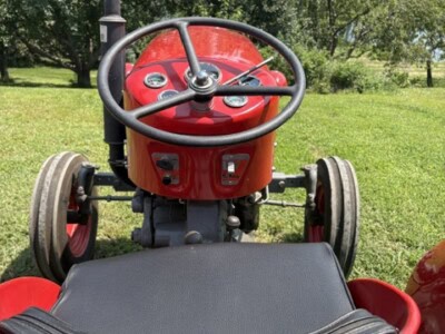 Close-up of vintage Massey Ferguson 50 tractor dashboard and steering wheel in a grassy field.
