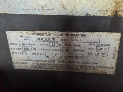 Engine data plate showing model, serial number, and specifications for Iveco diesel engine.