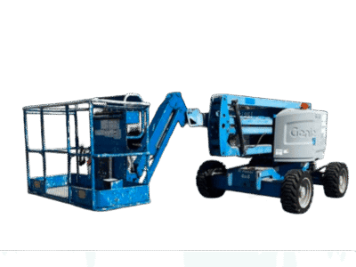 Aerial work platform with extendable boom and safety cage, blue color, used for maintenance and construction tasks.