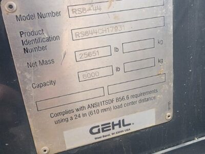 High-resolution image of a Gehl RS8-44 model identification plate showing model number, product ID, and capacity details.