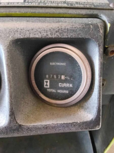 Hour meter showing total hours of Clark 3000 LB equipment.