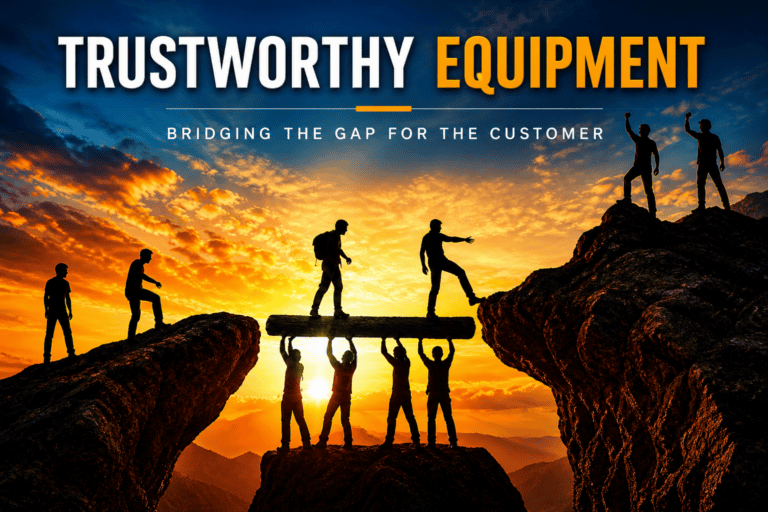 Image of a group of people working together to cross a gap between two cliffs at sunset, symbolizing teamwork and reliability.