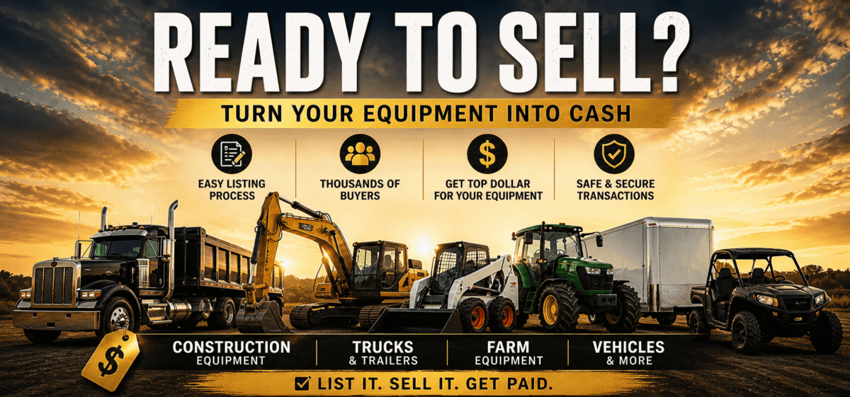 Image of construction, truck, farm, and vehicle equipment ready for sale, promoting seller's guide for turning equipment into.