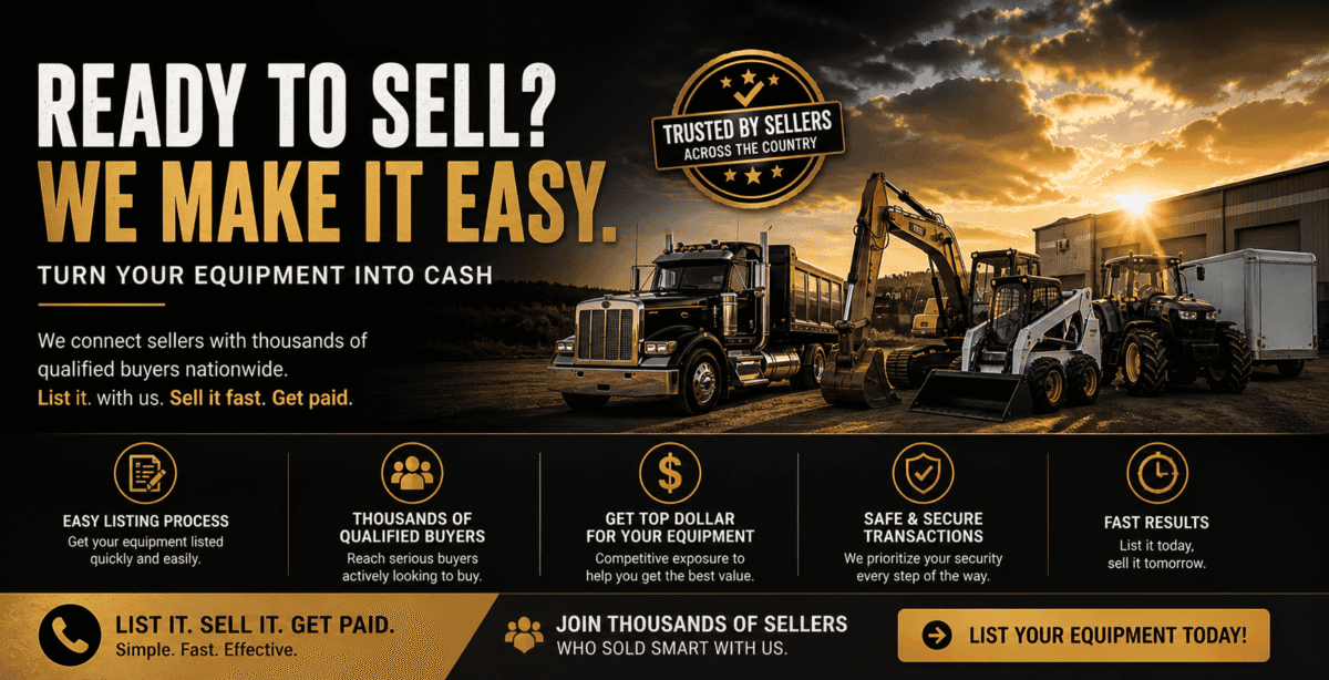 Equipment listing banner showing trucks and construction machinery at sunset for selling equipment.