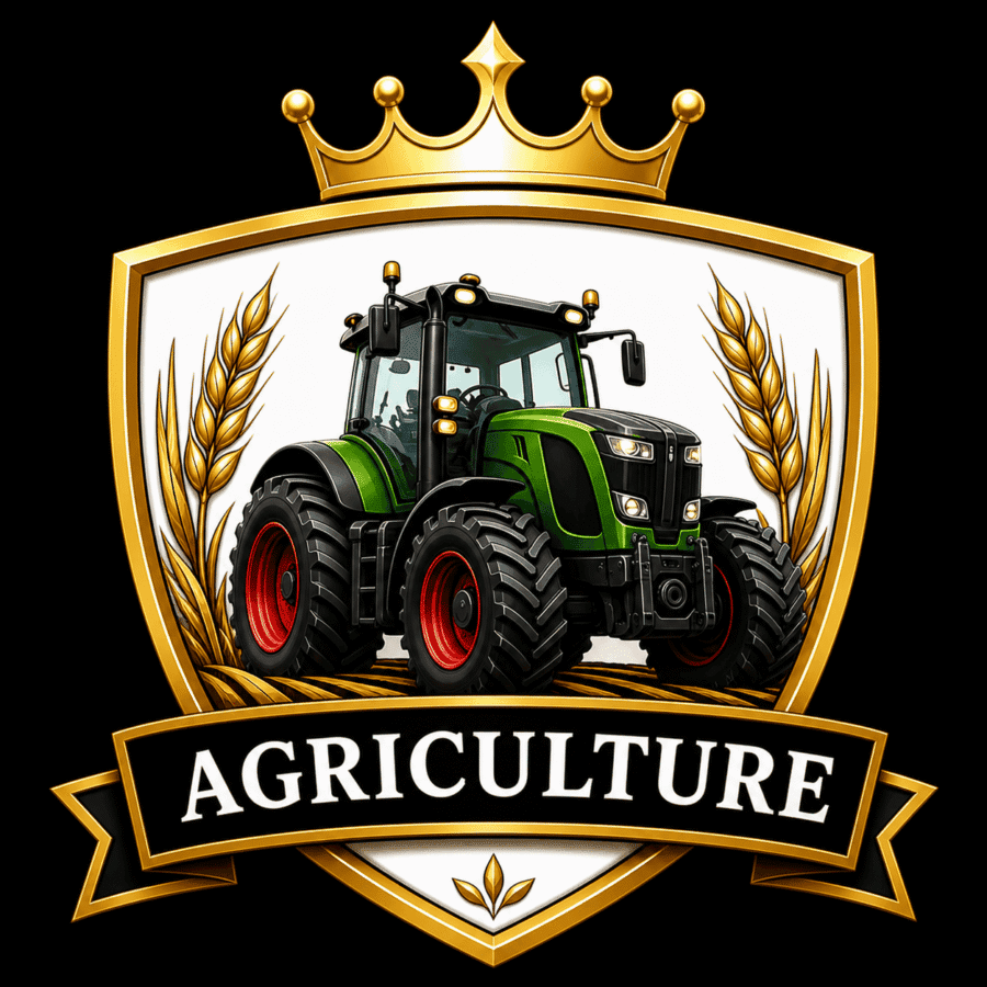 Farm tractor with a crown and laurel wreath emblem, symbolizing excellence in agriculture.