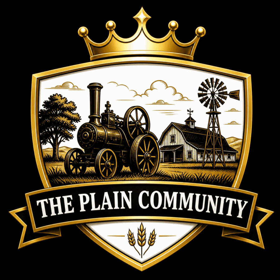 Vintage farm tractor and windmill illustration for The Plain Community logo.