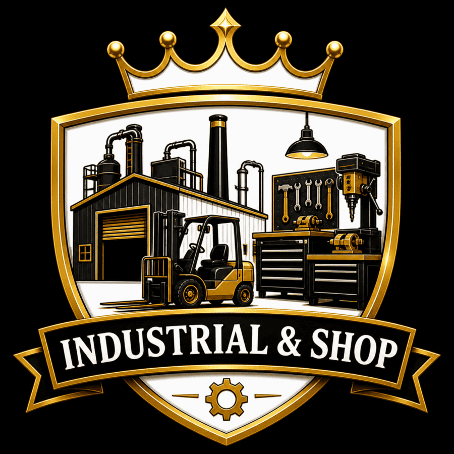 Industrial & Shop Equipment logo with tools and machinery, emphasizing workshop and industrial gear in a sleek gold and black.