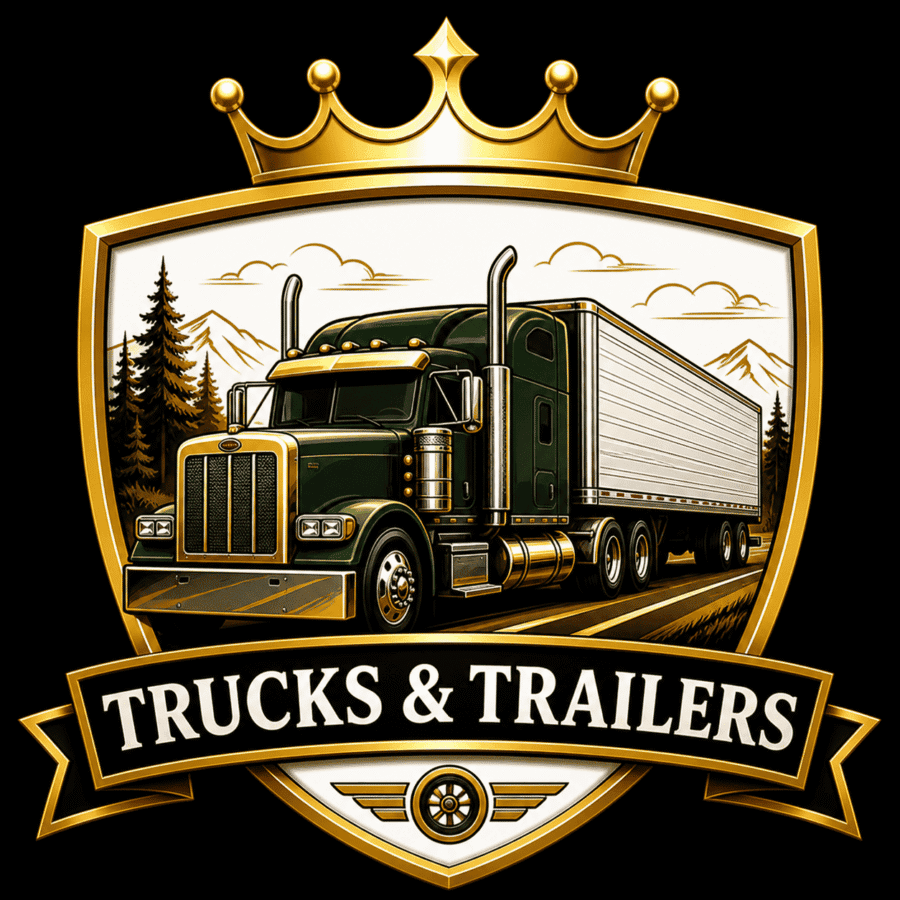 Trucks & Trailers emblem featuring a green semi-truck with a trailer, set against mountain and forest background.