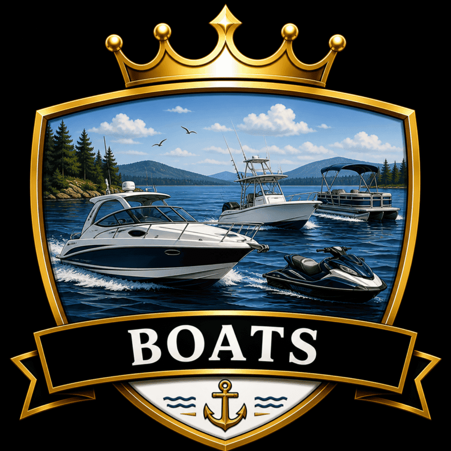 Speedboat, yacht, and fishing boat on water with scenic background.