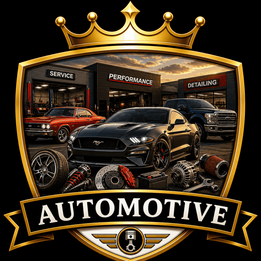 Auto repair shop with performance cars, auto parts, and service bays.