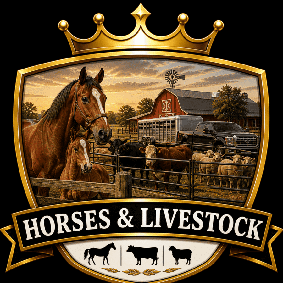 Horse and livestock farm emblem with horses, barn, and animals.