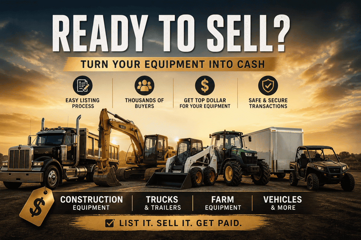 Heavy machinery including construction, farm, and trucks ready for sale.
