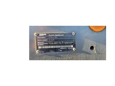 CLAAS Omaha LLC 570R tractor serial plate with model and manufacturing details.