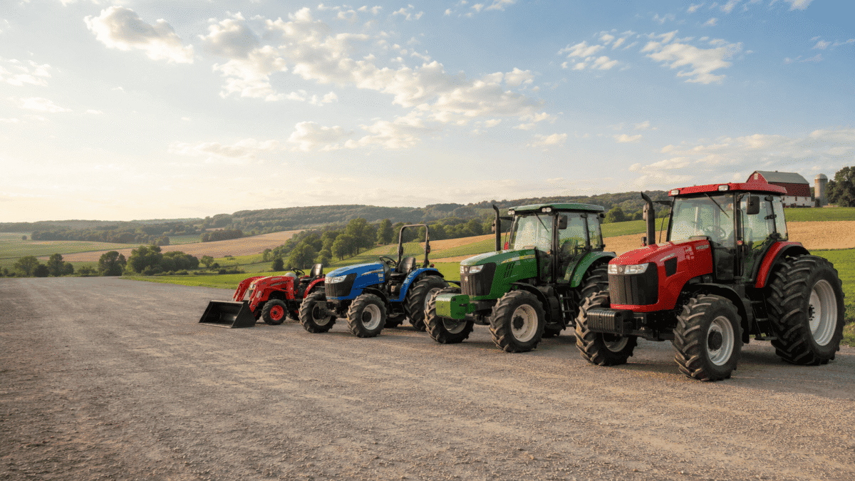 Three tractors in a field with a scenic rural background at sunset.