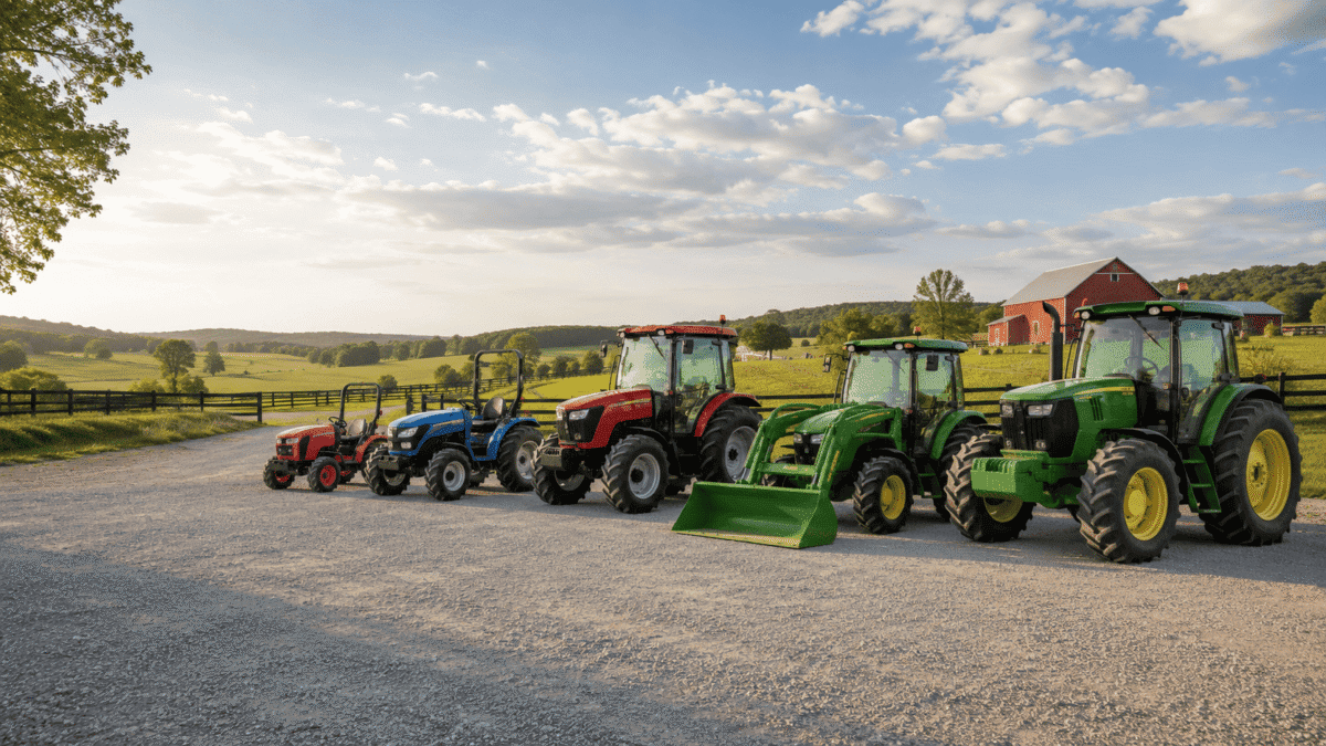 Four tractors of different sizes and colors parked on a gravel lot with a farm and blue sky in the background.