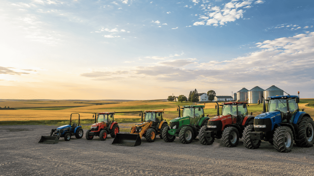 Lineup of five tractors in various colors and sizes on a gravel lot at sunset.