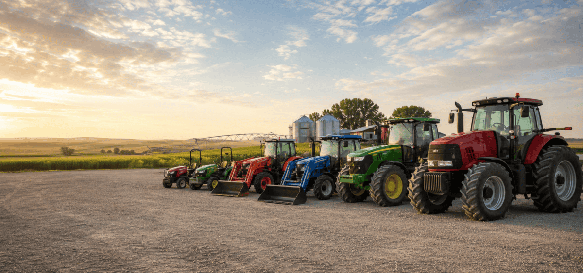 Lineup of large modern tractors with various attachments on a gravel lot at sunset.