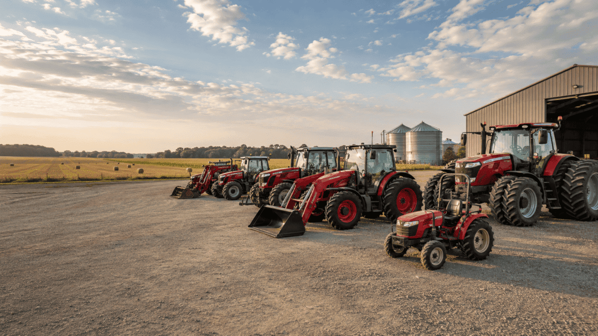 Lineup of Massey Ferguson tractors with various attachments on a farm at sunset.