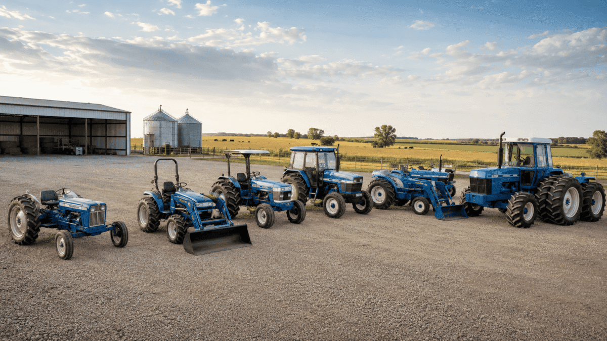 Lineup of blue Ford tractors of various sizes on a gravel lot with farm buildings in background.
