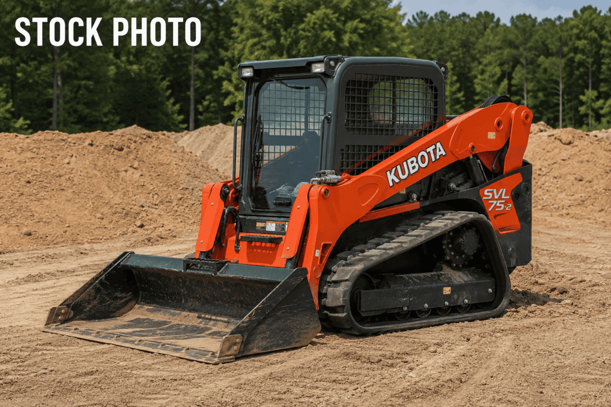 2020 Kubota SVL75-2 compact track loader with enclosed cab and bucket attachment on dirt site.