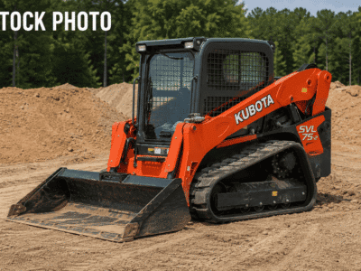 2020 Kubota SVL75-2 compact track loader with enclosed cab and bucket attachment on dirt site.