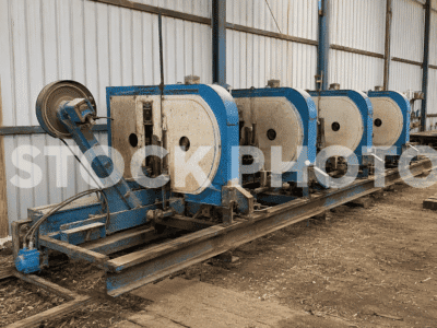 Industrial brewing equipment with four large blue and white tanks in a warehouse setting.