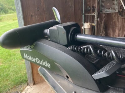 MotorGuide trolling motor with foot pedal control and adjustable shaft.
