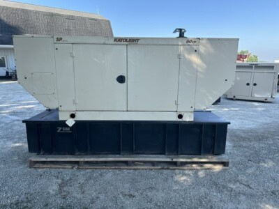 60 kW John Deere Katolight generator with white enclosure and black base on pallet.