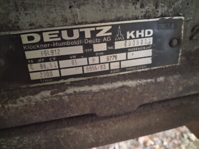 Deutz F6L912 diesel engine identification plate with specifications.