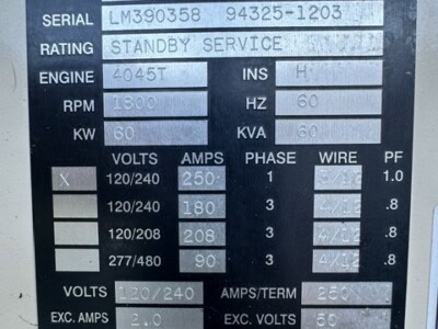 Katolight 60 kW generator data plate with model SED60FGJ4 and engine 4045T.