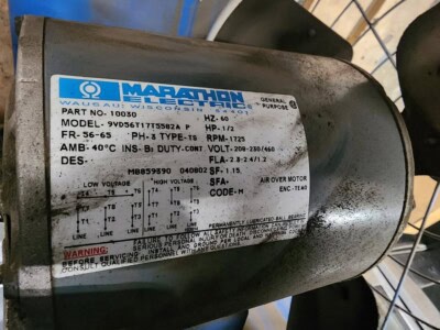Marathon electric motor with model D9V56177S52A, 1/2 HP, 115V, 1725 RPM, 40°C insulation, TEAO air over motor.