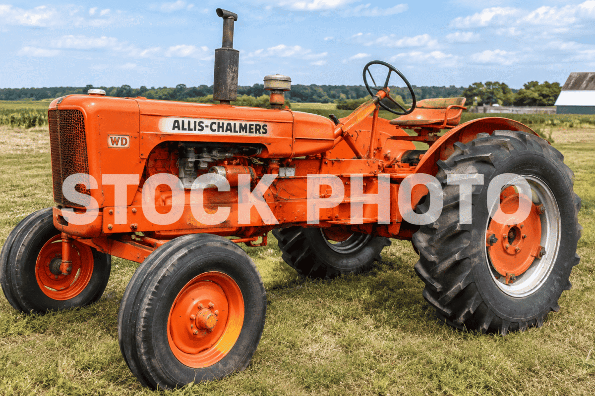 Allis-Chalmers WD tractor with orange body and large rear tires in a field.