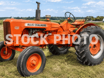 Allis-Chalmers WD tractor with orange body and large rear tires in a field.