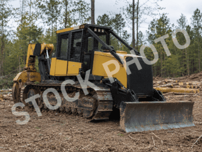 KMC 1000AG track skidder with enclosed cab and blade attachment in a forest clearing.