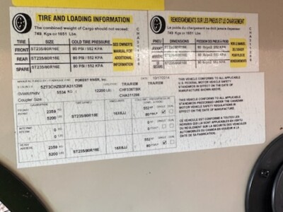 Cargo capacity and tire information label on RV trailer with yellow caution section.