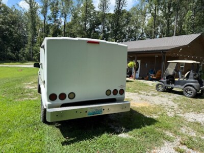White delivery van with rear doors and license plate L20510 parked on grass near a building.