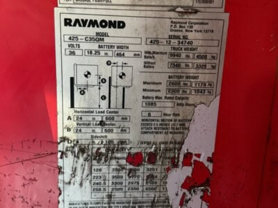 Raymond 425-C350M forklift data plate with load capacity and electrical details.