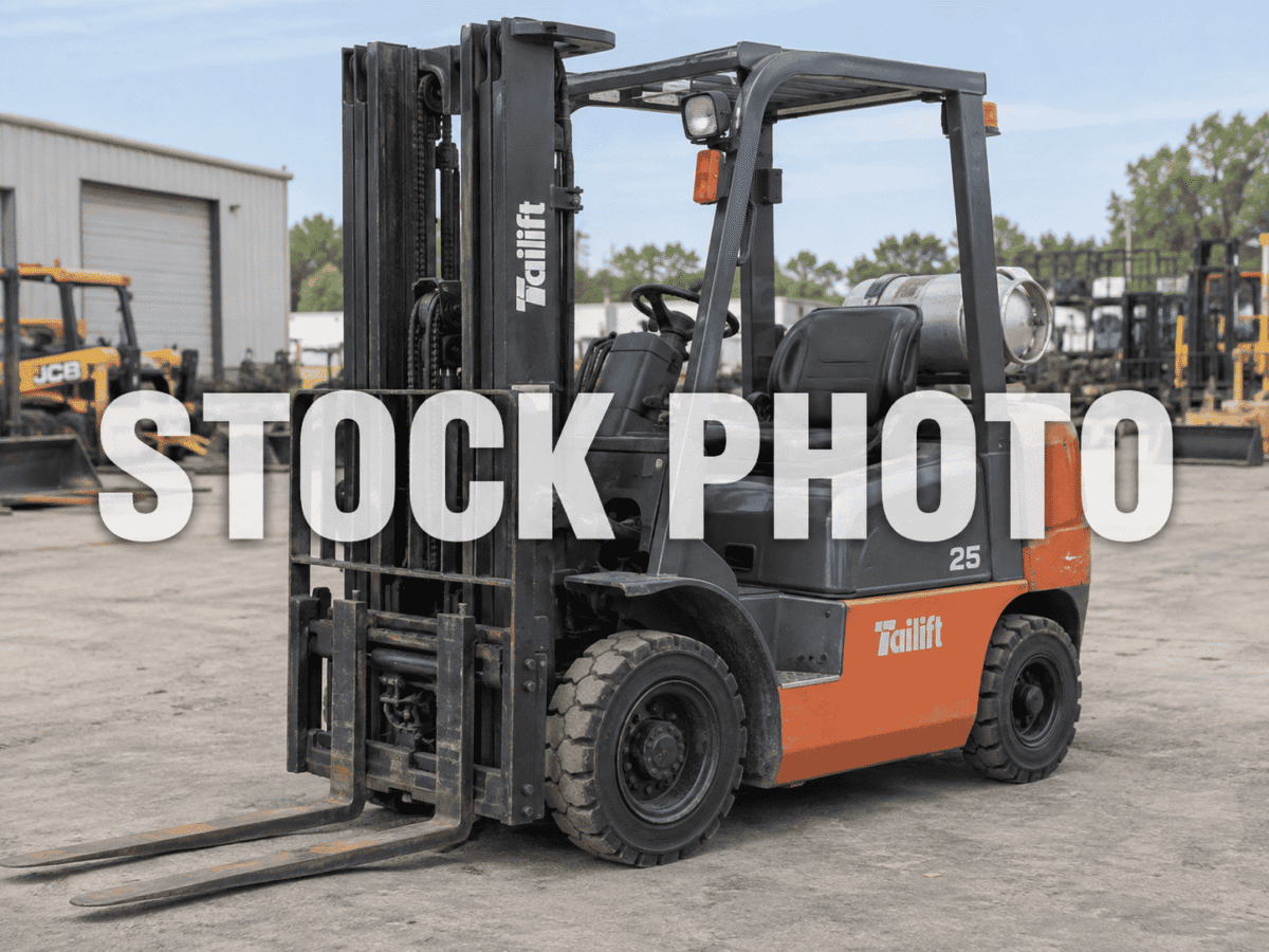 Tailift forklift with 4,300-lb capacity, black and orange, gas engine, in outdoor yard.
