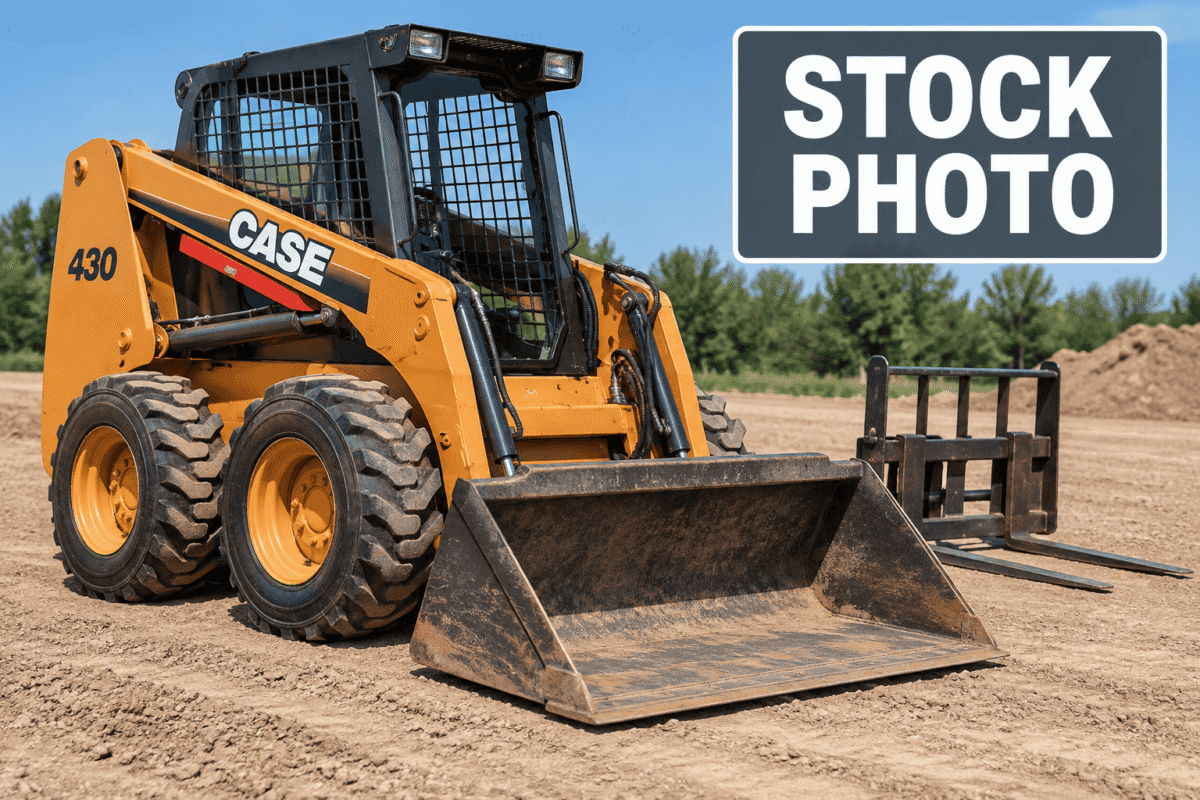 2005 CASE 430 skid steer loader with front bucket and protective cab on dirt site.