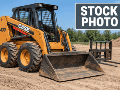 2005 CASE 430 skid steer loader with front bucket and protective cab on dirt site.
