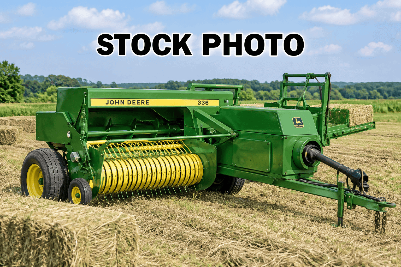 ChatGPT Image Sep 28, 2026, 11_50_19 AM (1) John Deere 336 hay baler in a field with hay bales.