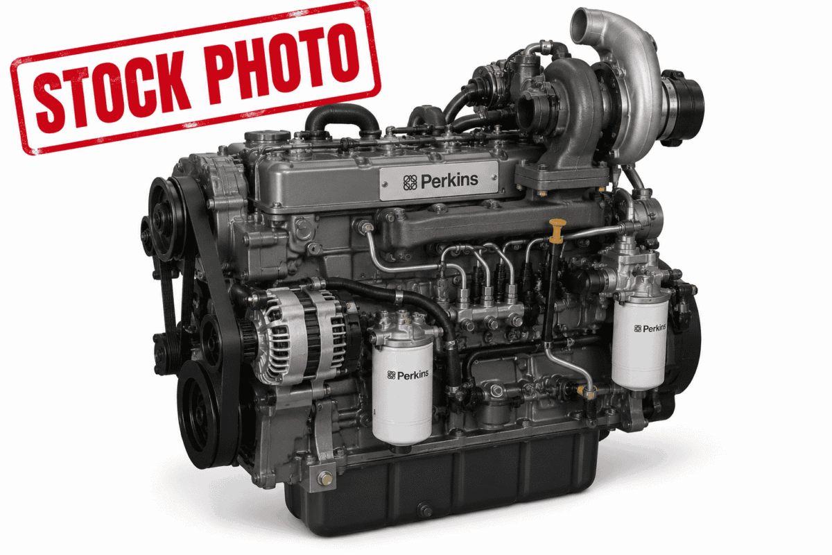 Perkins turbo diesel engine with visible turbocharger and fuel filters, stock photo for equipment listing.