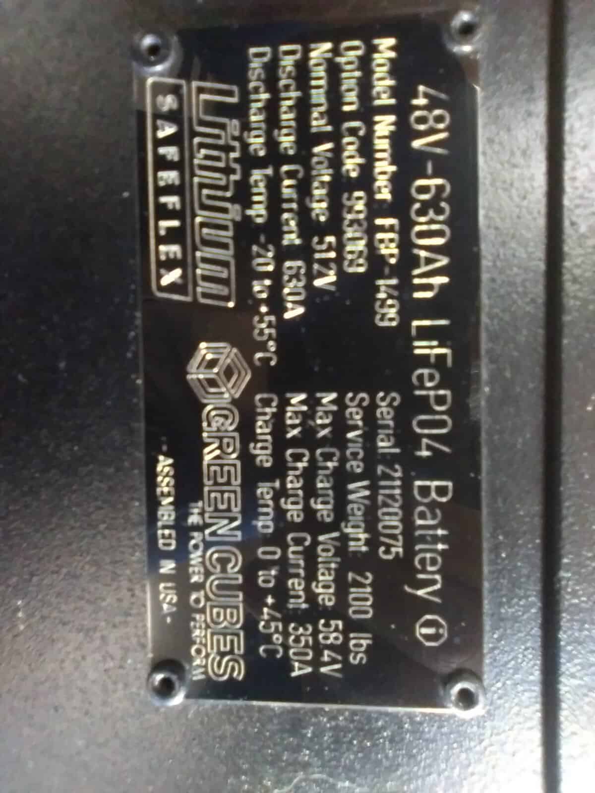 48V Lithium Battery for Green Cubes Equipment 48V 630Ah lithium battery label for Green Cubes equipment with specifications and serial number.