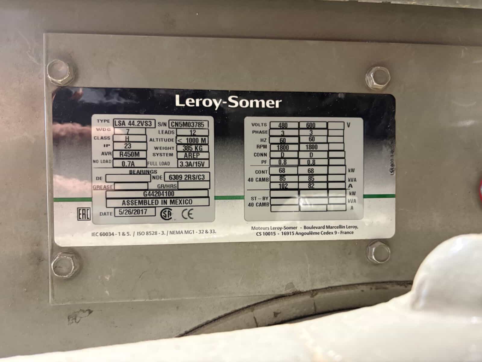 Leroy-Somer Generator Nameplate Leroy-Somer generator nameplate with technical specifications and manufacturing details.
