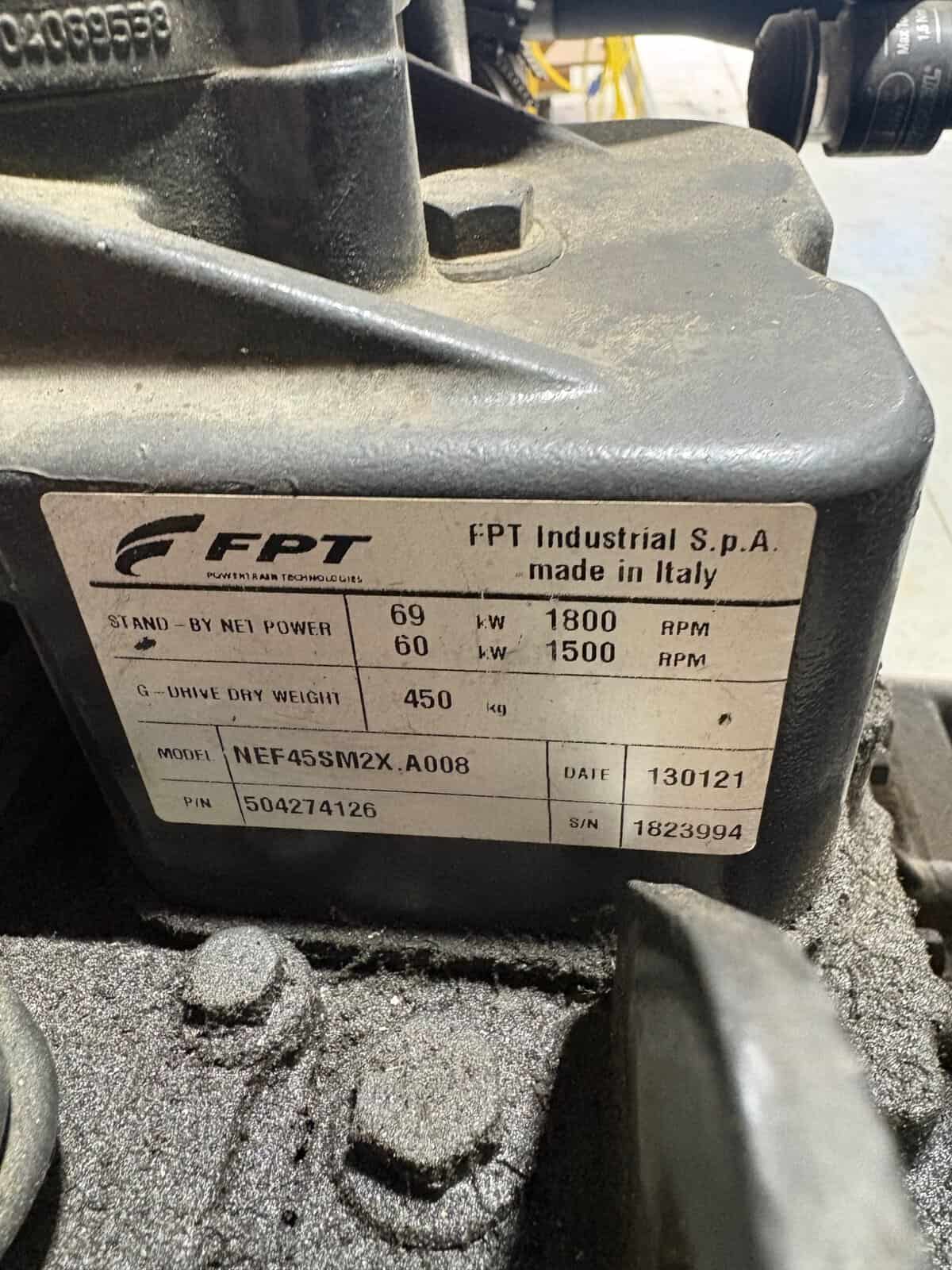 FPT Industrial Diesel Generator Label FPT Industrial diesel generator label showing power, model, and serial number details.