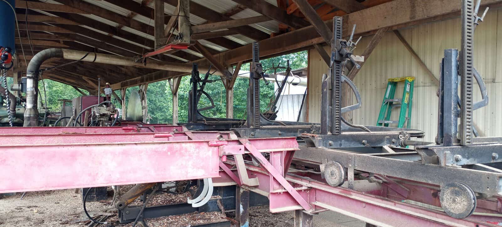 Circular sawmill carriage and framework Meadows No. 1 sawmill for sale in New Bethlehem Pennsylvania with Detroit diesel power and circular sawmill equipment