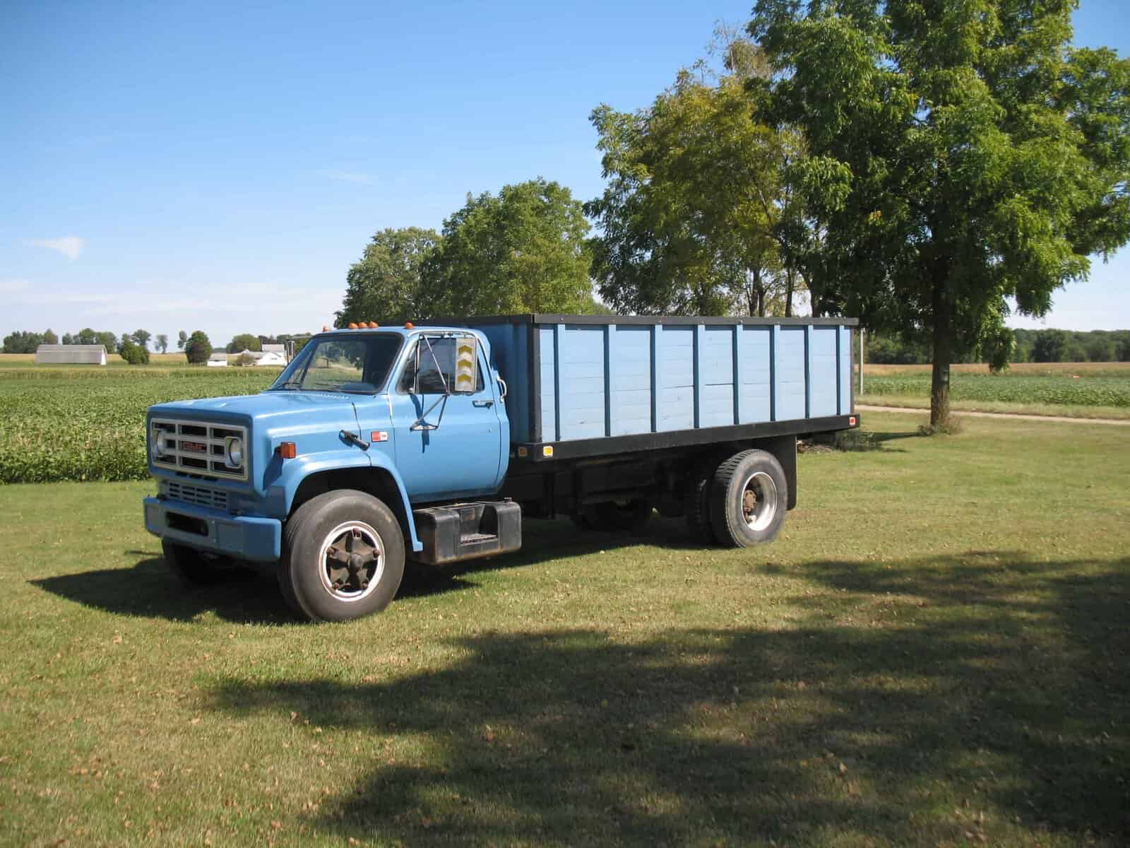 1985 GMC C7000 Dump Truck Front View 1985 GMC C7000 dump truck with blue cab and large metal dump bed on a grassy field.