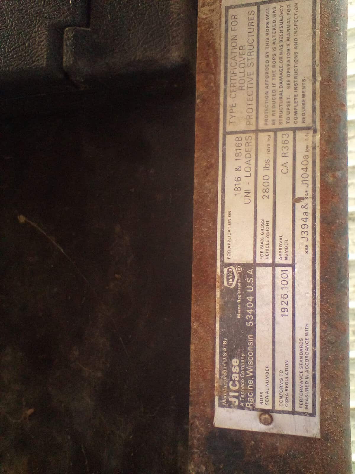 Case 1816B Compact Track Loader Serial number label on Case 1816B compact track loader with model and manufacturing details.